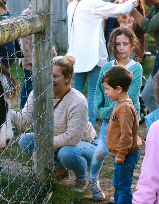 family and kids petting horses at farm