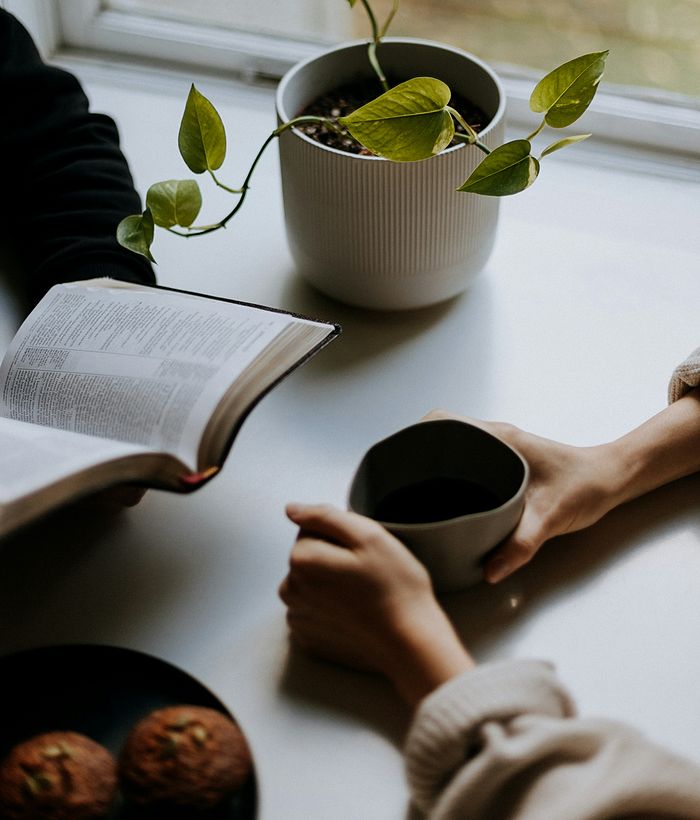 reading bible with coffee in front of window with plant