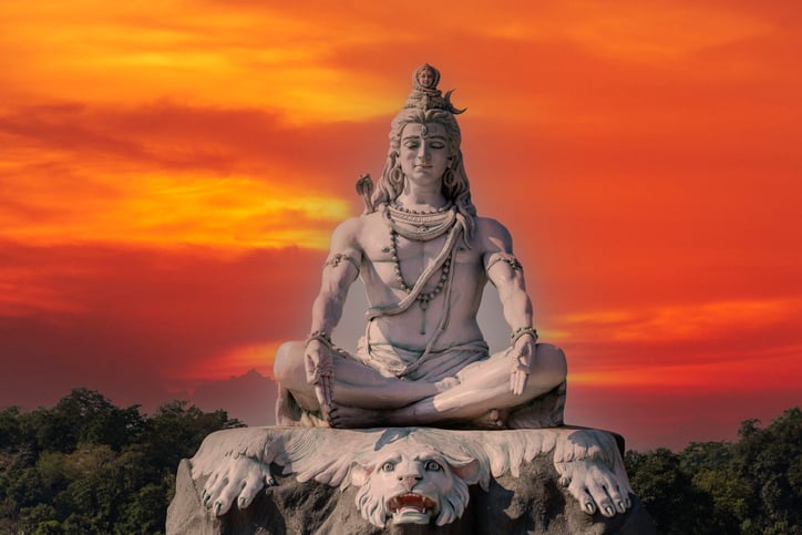 A statue of Lord Shiva meditating on a tiger skin
